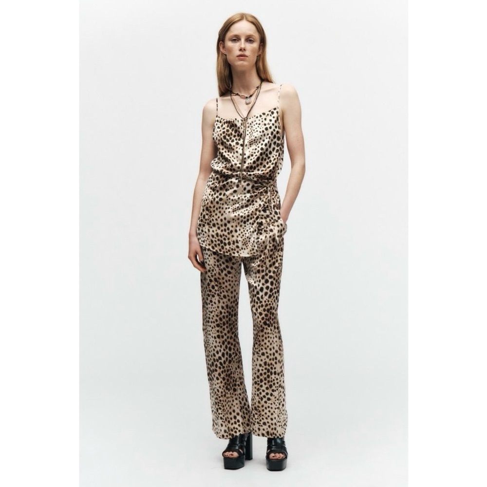 ZARA Tie-waist Loose Satin Pants in Leopard Print Size Medium
